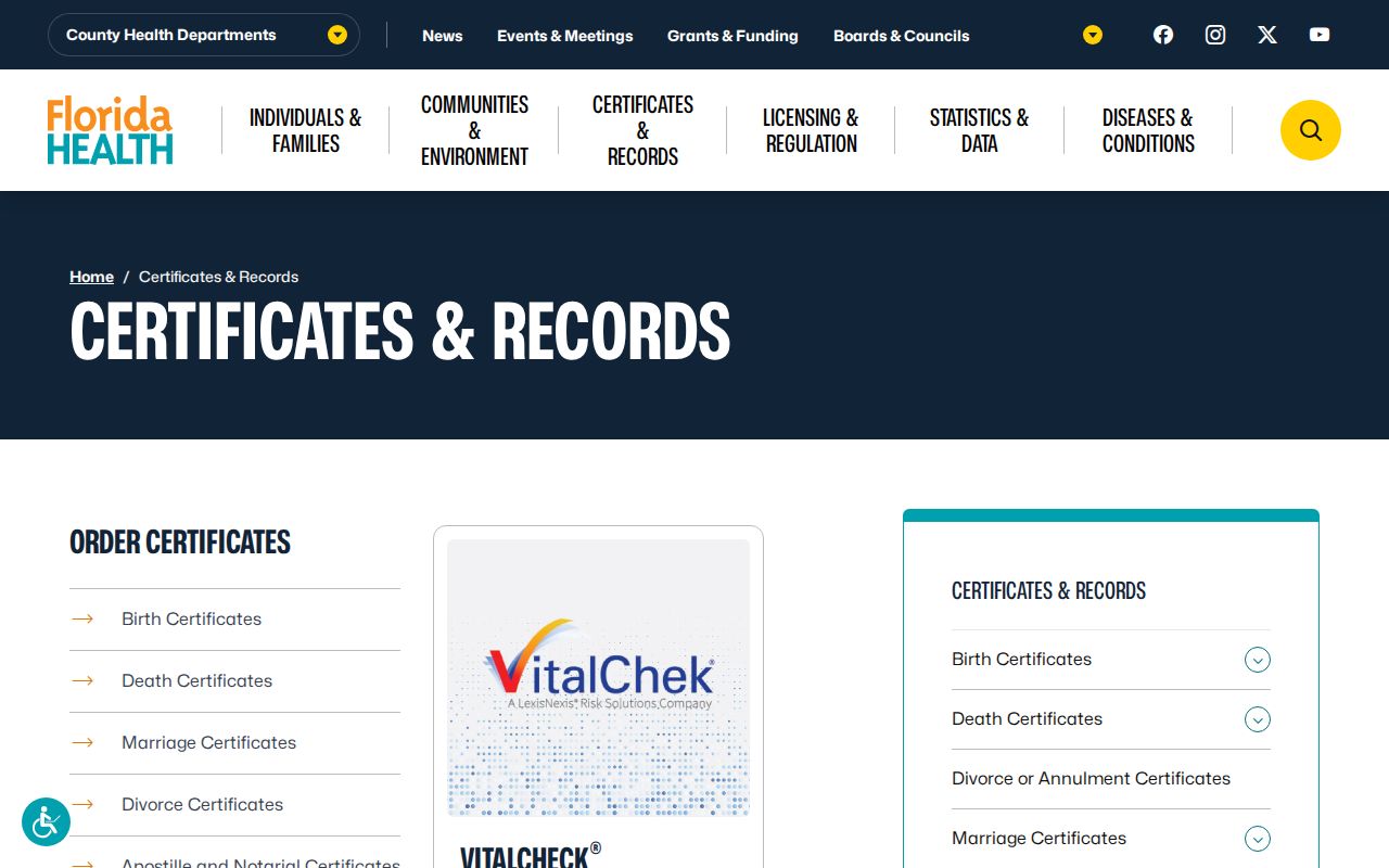 Florida vital certificate access page for Lee County resident research