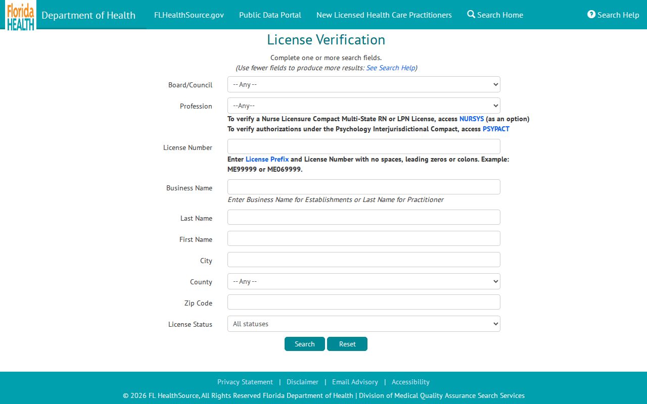 Lee County resident lookup health practitioner verification