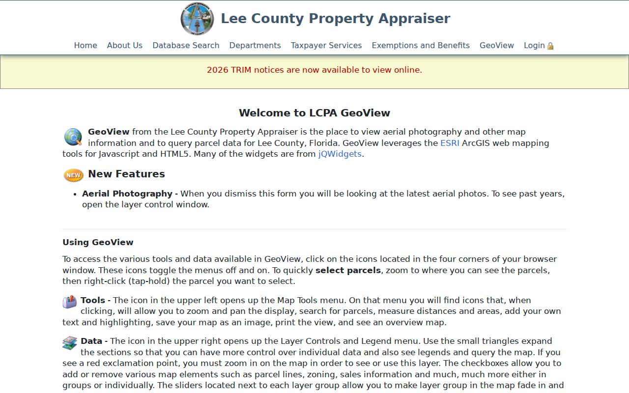 Lee County street directory GeoView parcel browsing instructions