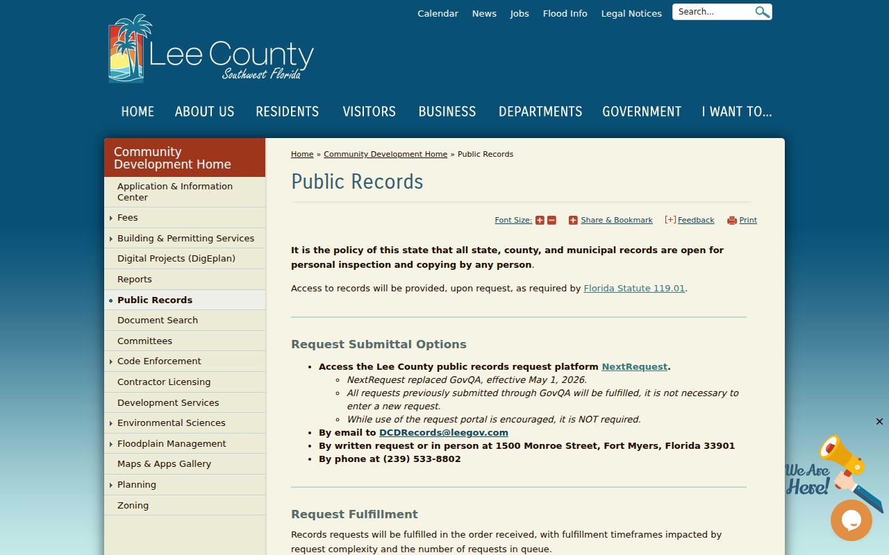 Lee County street directory permit and code records page