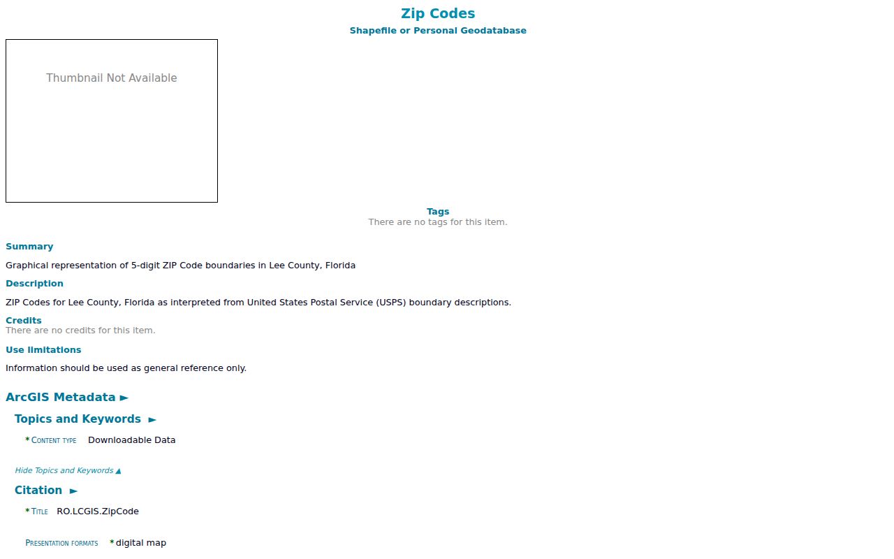 Lee County ZIP code directory county boundary metadata